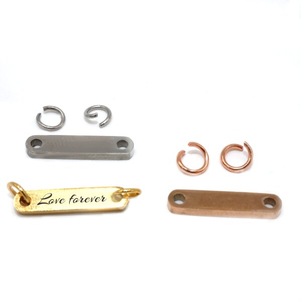 längliche polierte Gravurplatte Edelstahl mit 2 Löchern, Zwischenteil, Golden oder rosé (S1/E)