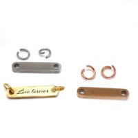 längliche polierte Gravurplatte Edelstahl mit 2 Löchern, Zwischenteil, Golden oder rosé (S1/E)