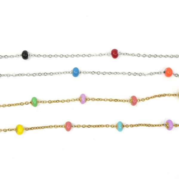 feine Edelstahl Kette mit farbigen Email Kugeln, 50 cm,  verschweißt, natur oder golden (K35/C1)
