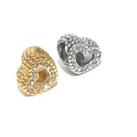 Herz in geflochtener Bordüre mit Zirkonia, Großloch Perle, i: 5mm,Modulperle, Edelstahl- (K34/D2)